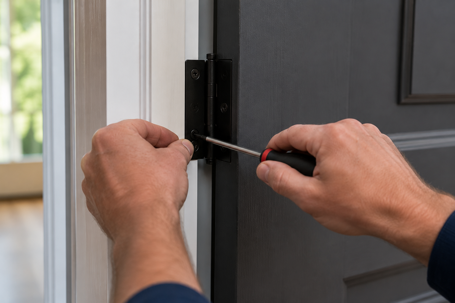 Hands using a screwdriver to install or repair a door hinge.
