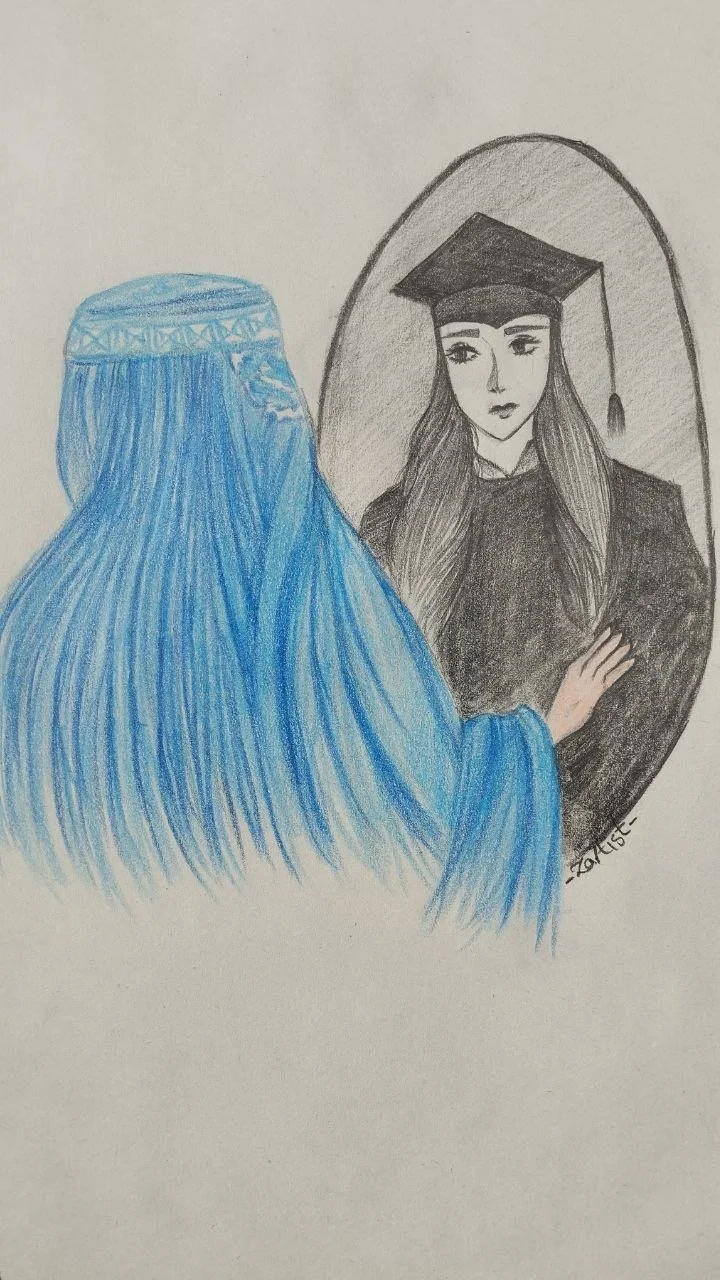 A woman in a black graduation gown and cap looking at her reflection in a mirror, with a blue headscarf covering her hair.