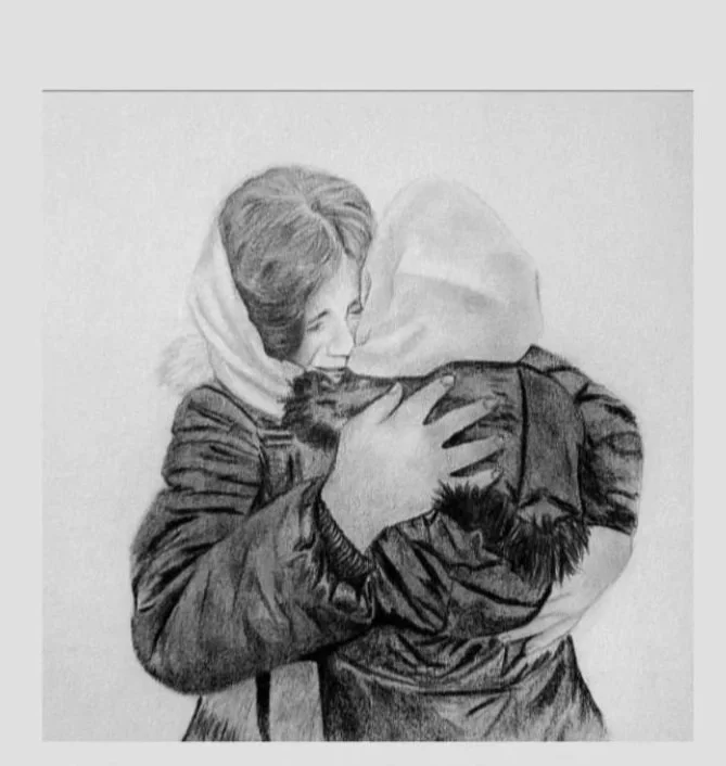 Sketch of two women hugging, one with a headscarf, in black and white.