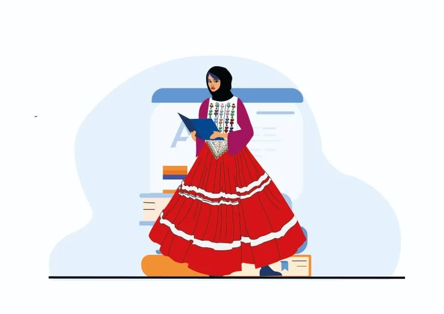Illustration of a woman dressed in traditional clothing, holding an open book, standing in front of a computer screen with books and papers around her.