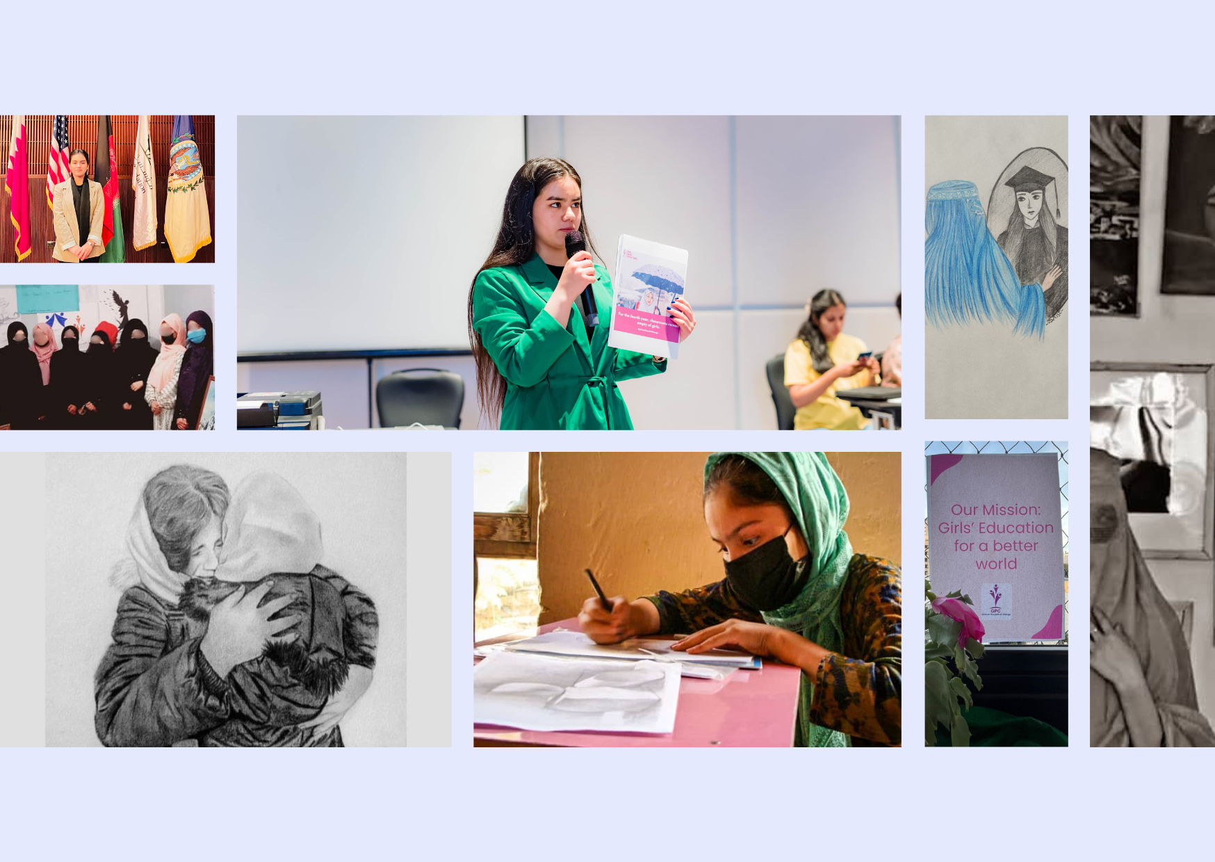 Collage of photos showing girls and women engaged in educational activities and events, including a girl speaking into a microphone, women wearing headscarves, and a poster that says 'Our Mission: Girls' Education for a better world.'
