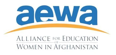 Logo for the Alliance for Education of Women in Afghanistan (AEWA), with the acronym 'aewa' in blue and an orange curved line, and the full name written below.