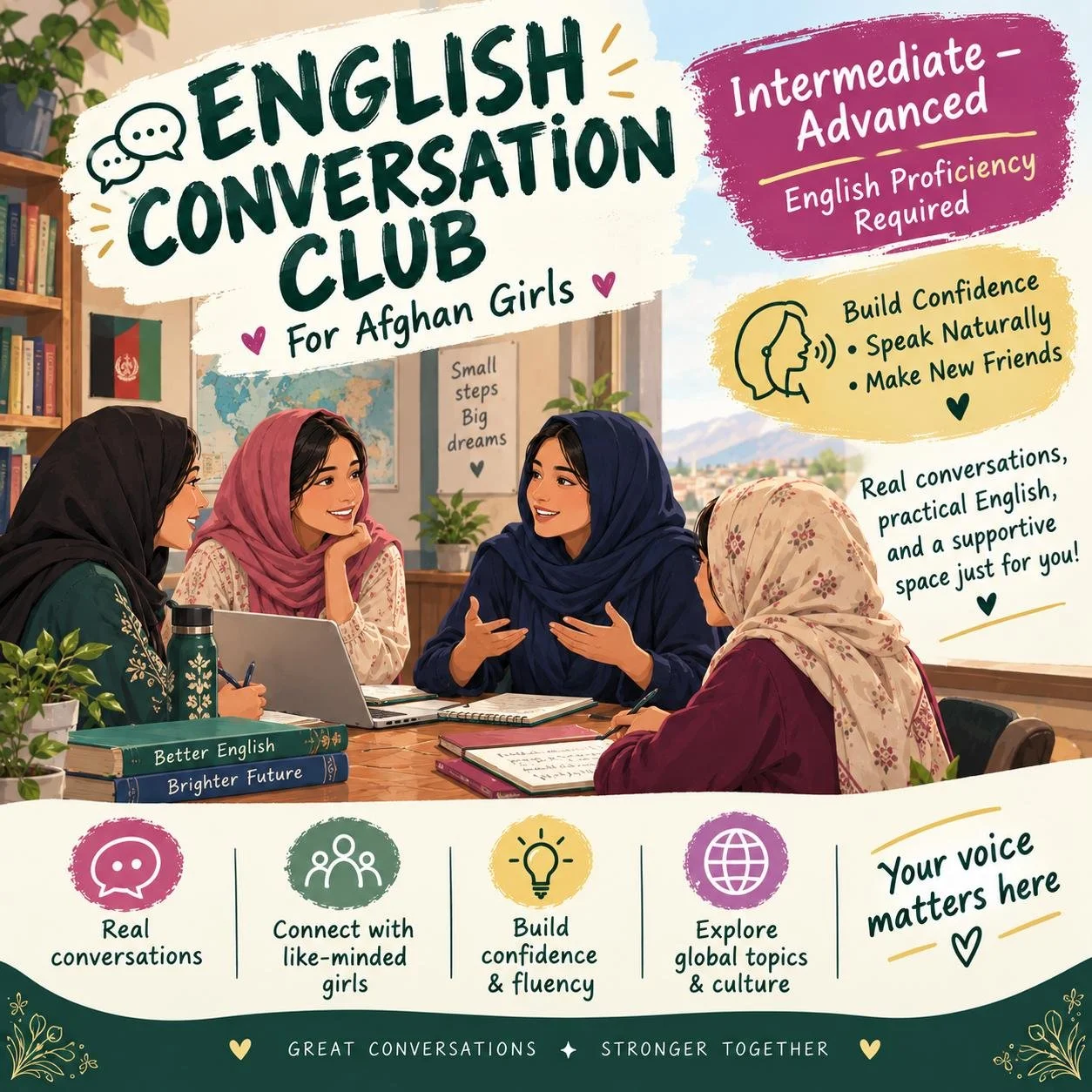 Illustration of four Afghan girls having a conversation at a table in a classroom or library setting, surrounded by books, plants, and educational posters. The text advertises an English conversation club for Afghan girls, emphasizing confidence, real conversations, and global topics.
