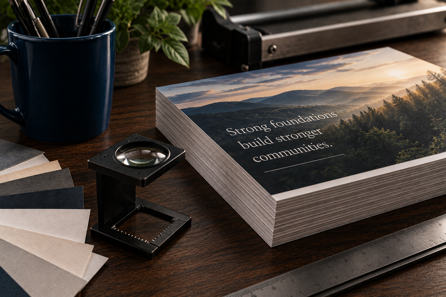 A large stack of booklets with the cover story "Strong foundations build stronger communities" on a wooden desk. Surrounding it are color swatches, a small magnifying glass, a ruler, a blue mug with pens, and a potted plant in the background.