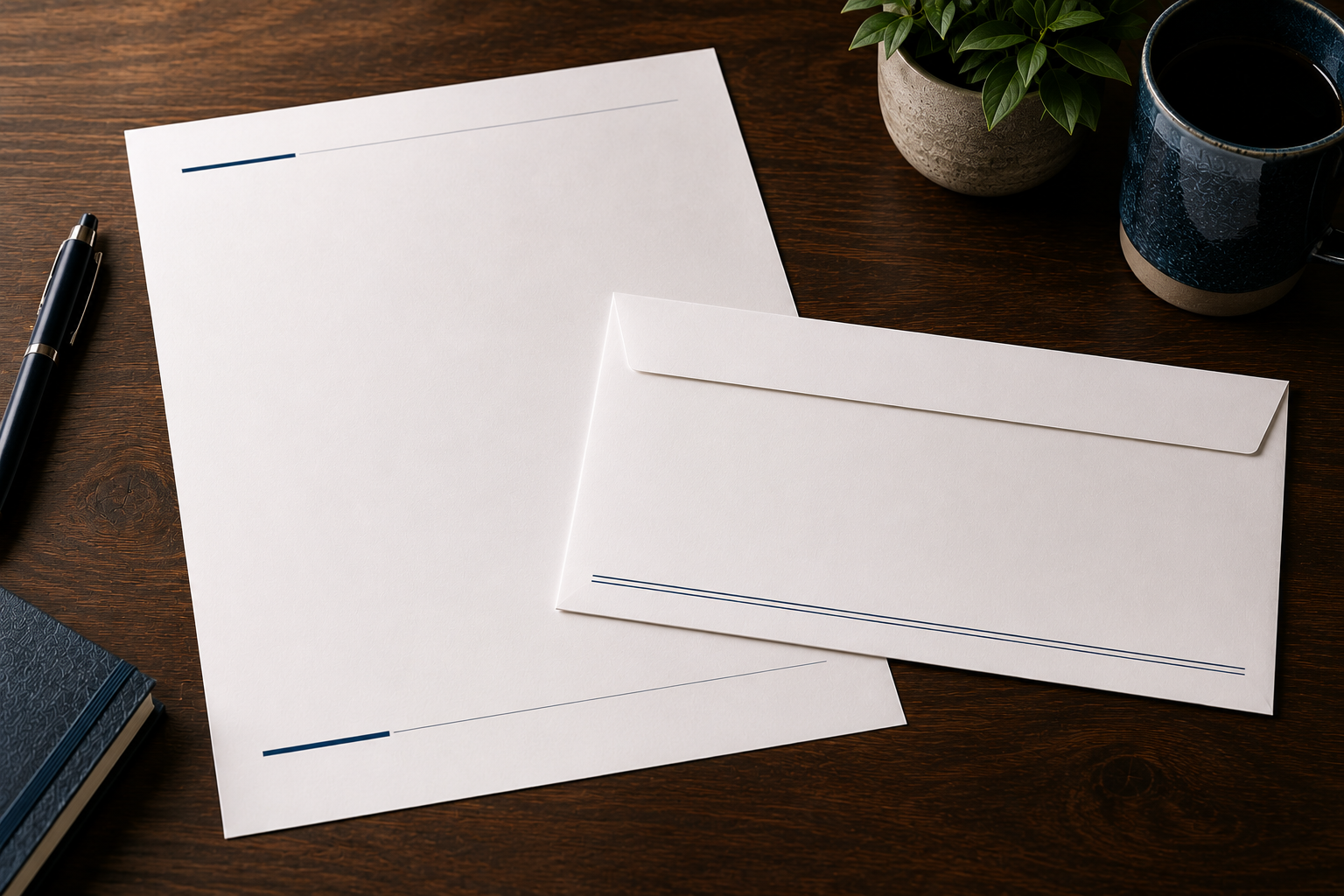 A desk with stationery, including a blank letterhead and envelope, a pen, a potted plant, and a coffee mug.