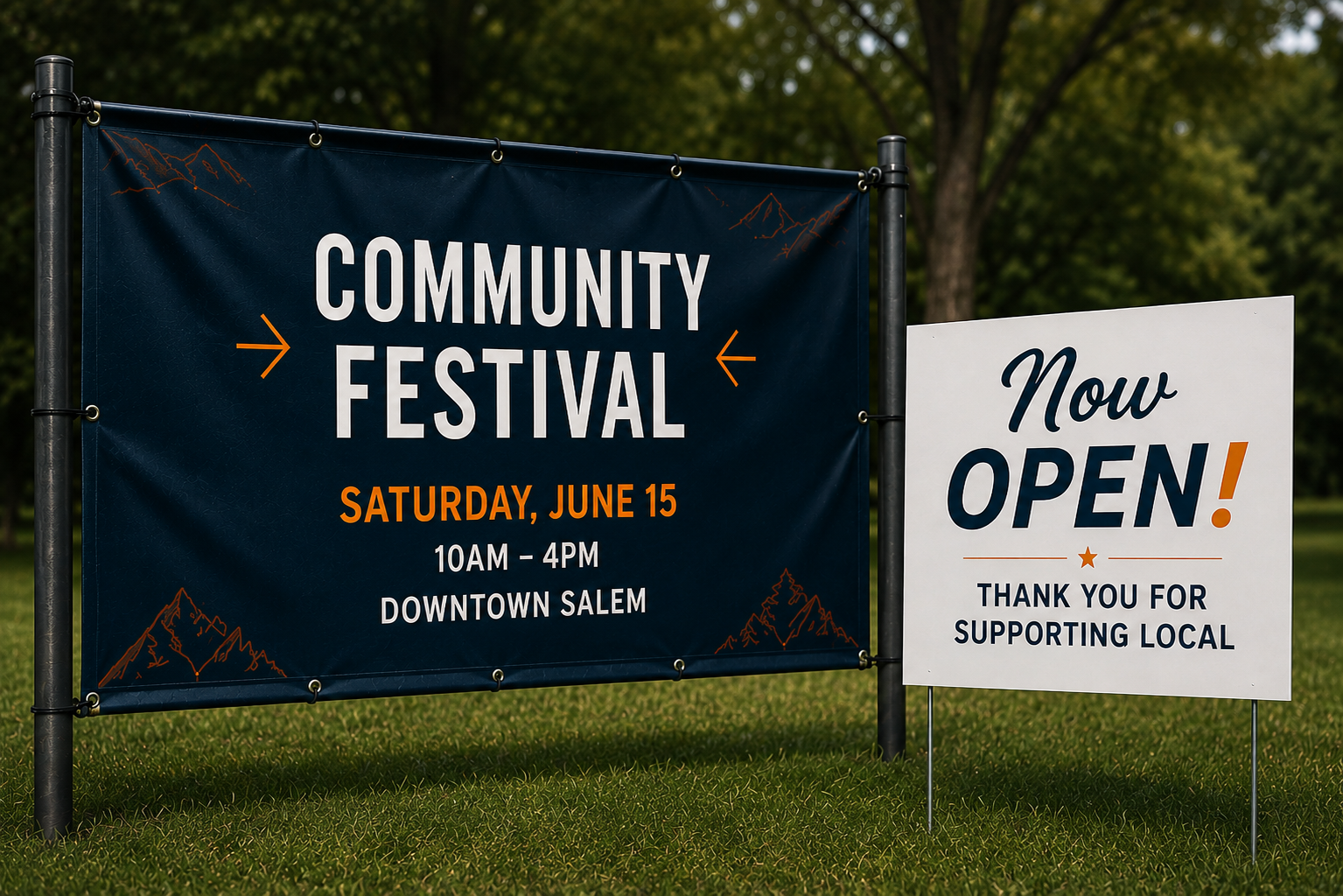 Sign announcing a community festival on June 15 from 10 am to 4 pm in Downtown Salem, with a separate sign saying 'Now Open! Thank you for supporting local.'