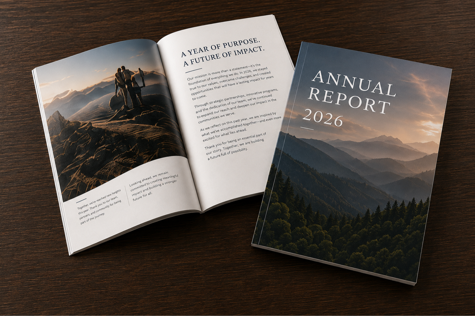 Open annual report booklet on top of closed booklet, both displaying mountain landscape with sunset, placed on wooden surface.