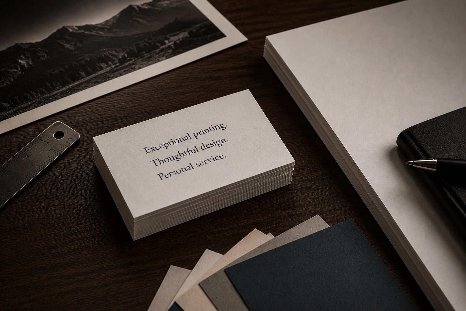 Stack of business cards on a wooden desk with printed message, a ruler, a notebook, a pen, and papers.
