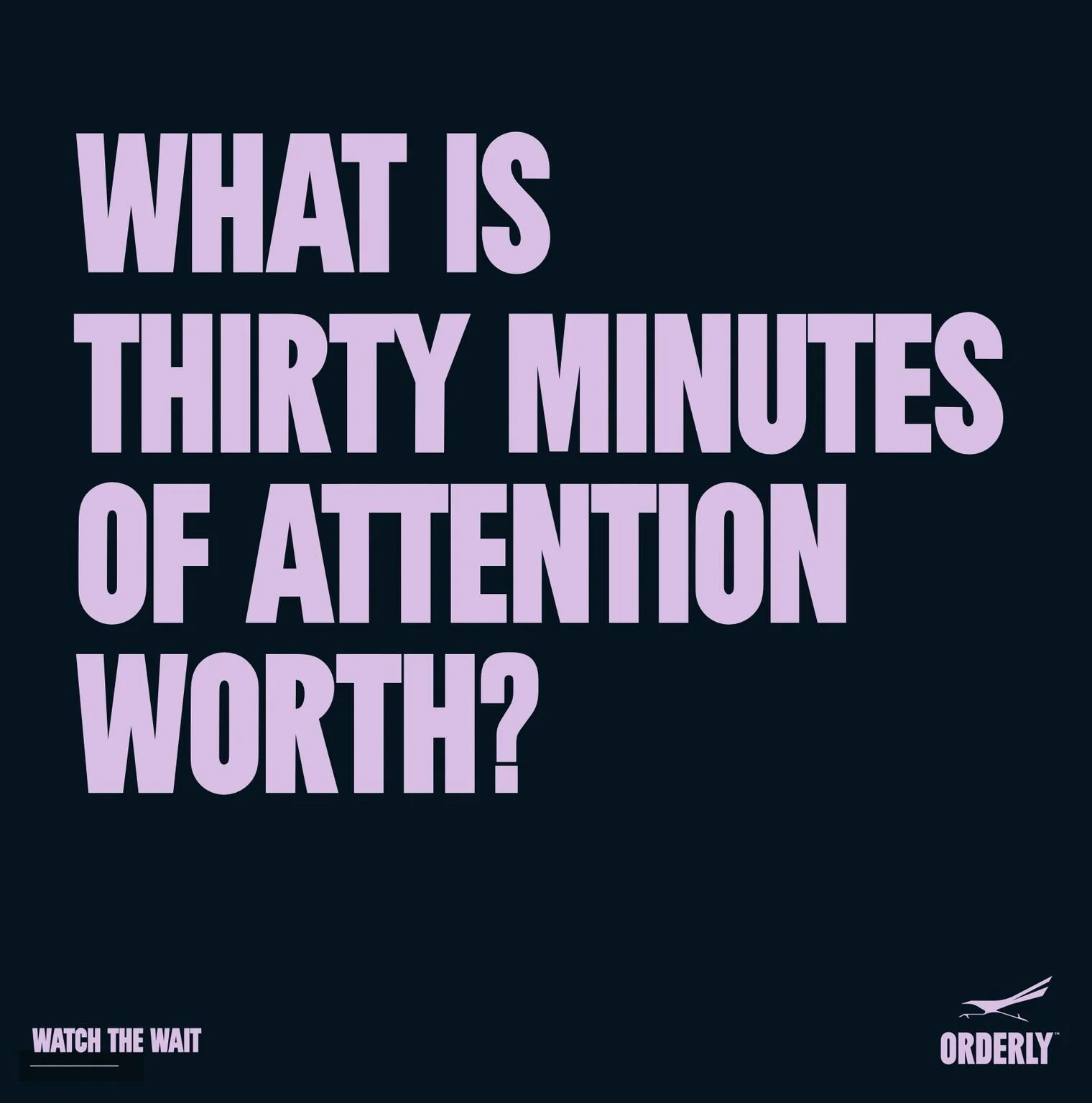 A motivational poster with a dark background and large purple text asking, 'What is thirty minutes of attention worth?' In the bottom left corner, smaller purple text says, 'Watch the wait,' and in the bottom right corner, there is a logo of a bird with 'Orderly' written underneath.