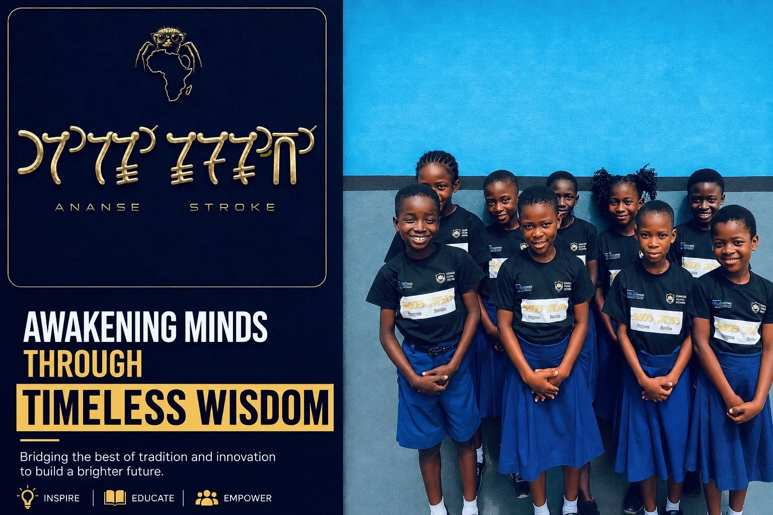 A group of young children in black and blue school uniforms standing together and smiling in a classroom with blue walls.