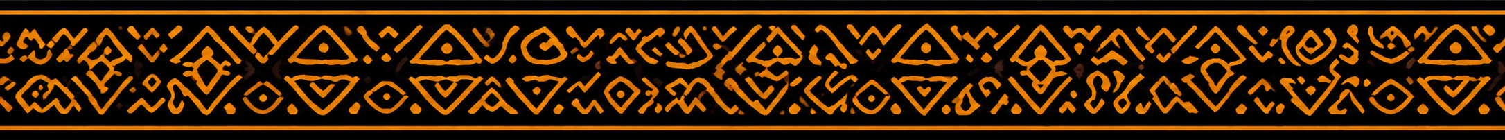 Decorative pattern of black tribal or geometric symbols on an orange background.