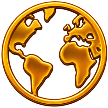 Golden world map within a circular frame