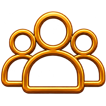 Gold outlined icon of three human figures, representing a group of people.