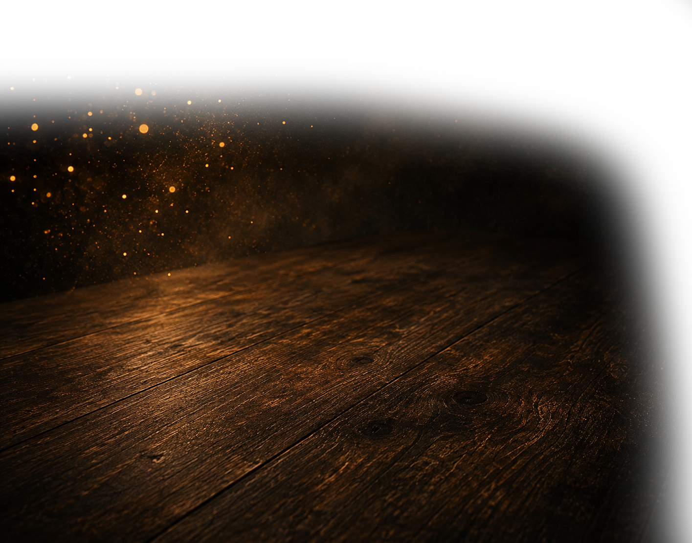 Dark wooden floor with glowing orange particles and a dark background.