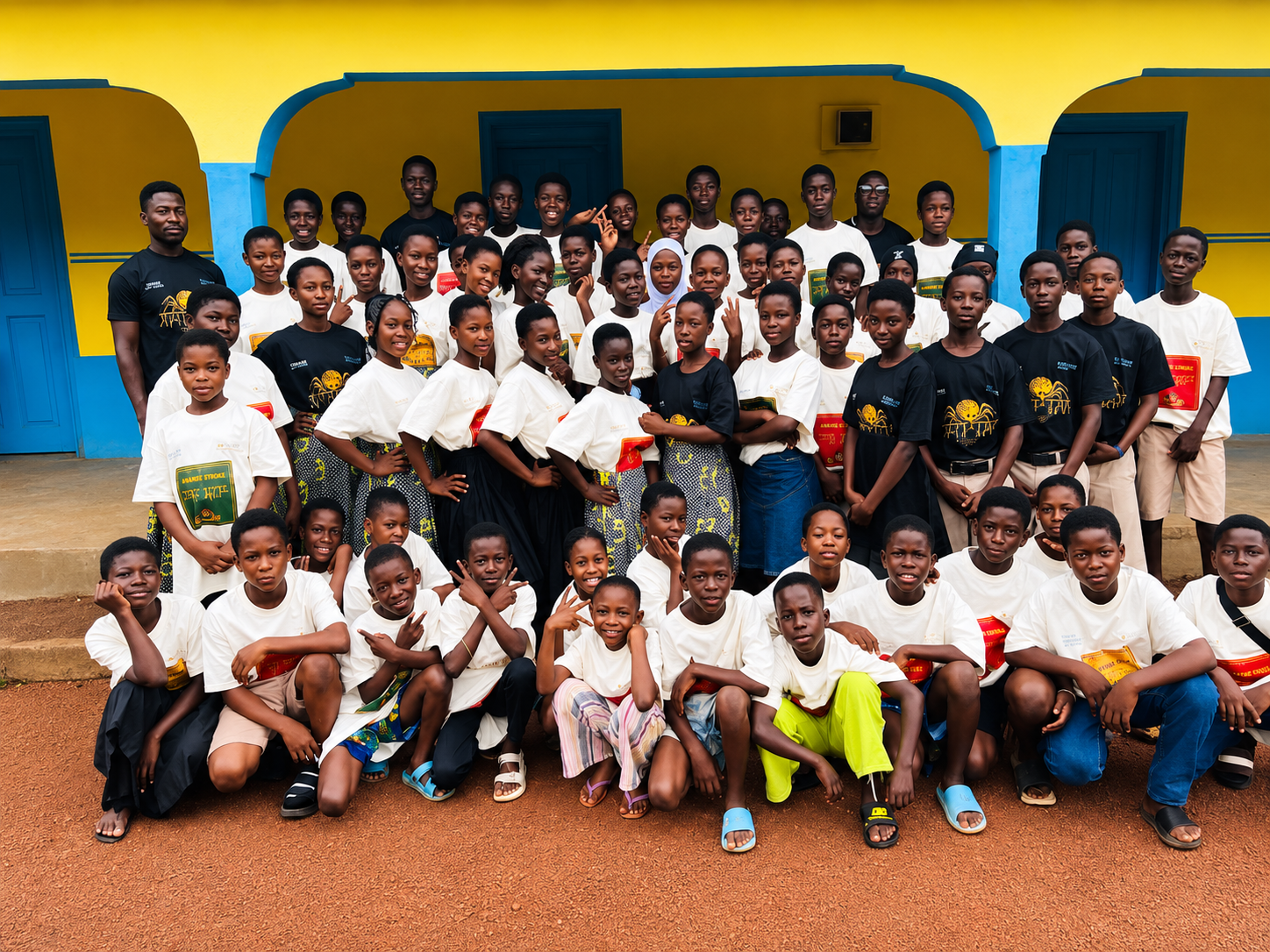Group of children and a few adults posing outdoors in front of a yellow and blue building.