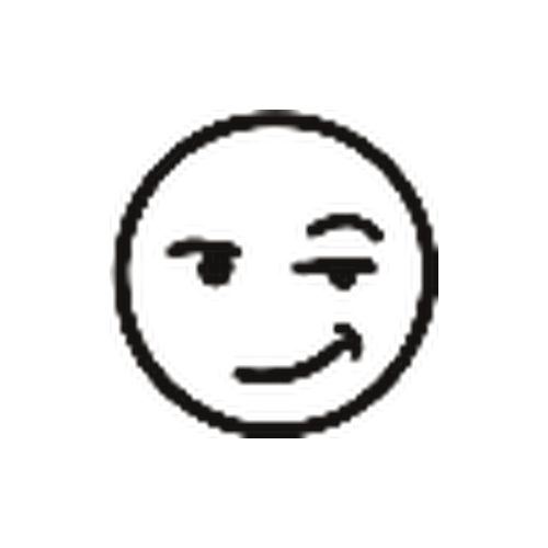 Black and white drawing of a mischievous smiley face with winking eye and tongue sticking out.