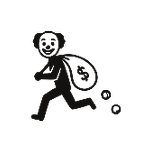 A cartoon character with a smiling face, walking and carrying a large bag with coins spilling out.