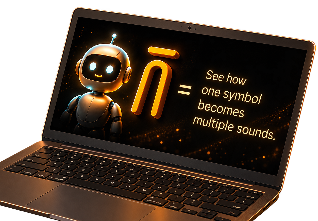 A laptop screen displays a graphic of a robot, a symbol with multiple sounds, and the text "See how one symbol becomes multiple sounds".