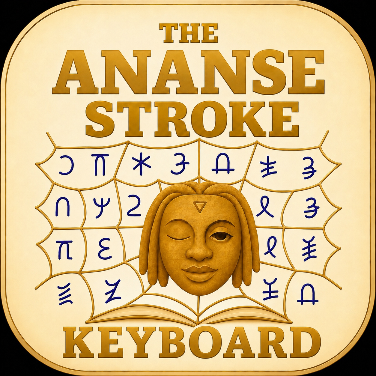 A graphic design featuring the text 'The Ananse Stroke Keyboard' in gold letters, a stylized open book at the bottom, a cartoonish face of Ananse with dreadlocks, and a spiderweb with various symbols and characters in blue around the face.