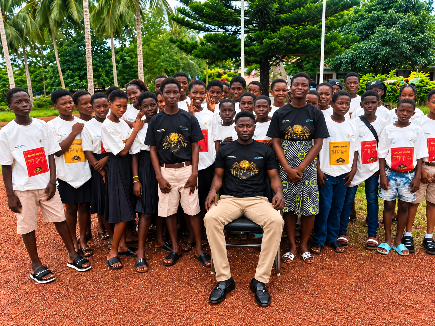 Group of children and a man outdoors on a red dirt ground, surrounded by green trees and plants, posing for a photo. Children are wearing white and black t-shirts, some with red and yellow labels, and they are smiling or making gestures.