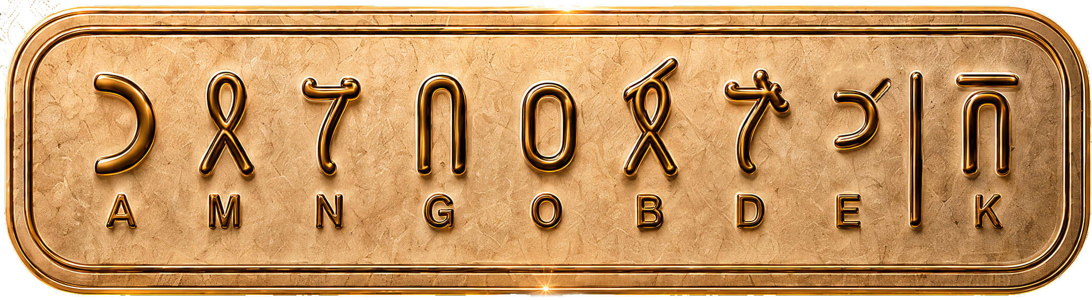Neon-style sign with alphabet letters in uppercase and lowercase, arranged in rows with a bronze and gold color scheme.