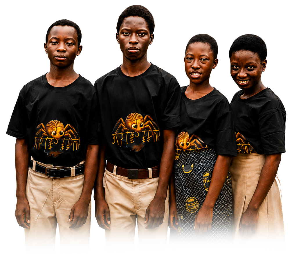 Four young people standing side by side, wearing black T-shirts with a cartoon spider design, and beige or patterned skirts or pants.