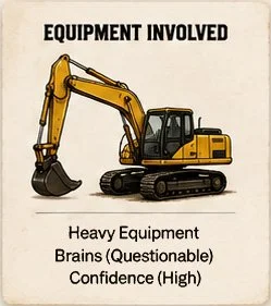 Illustration of a yellow excavator with the text 'Equipment Involved. Heavy Equipment. Brains (Questionable) Confidence (High)'.