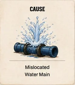 Illustration of a mislocated water main pipe with water splash and the text 'CAUSE' and 'Mislocated Water Main'