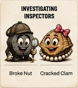 Illustration of two animated sea creatures dressed as inspectors; a broke nut with a magnifying glass and a cracked clam with a bow and pearl necklace, under the text 'Investigating Inspectors' and their names.