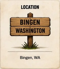 Wooden signpost with 'Bingen Washington' and 'Bingen, WA' written on it