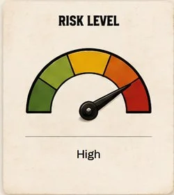 Gauge labeled 'Risk Level' showing a high risk level with the needle pointed in the red zone.