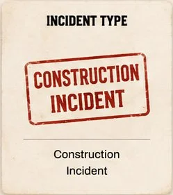 Sign indicating a construction incident, with different text styles and a stamp-like mark.