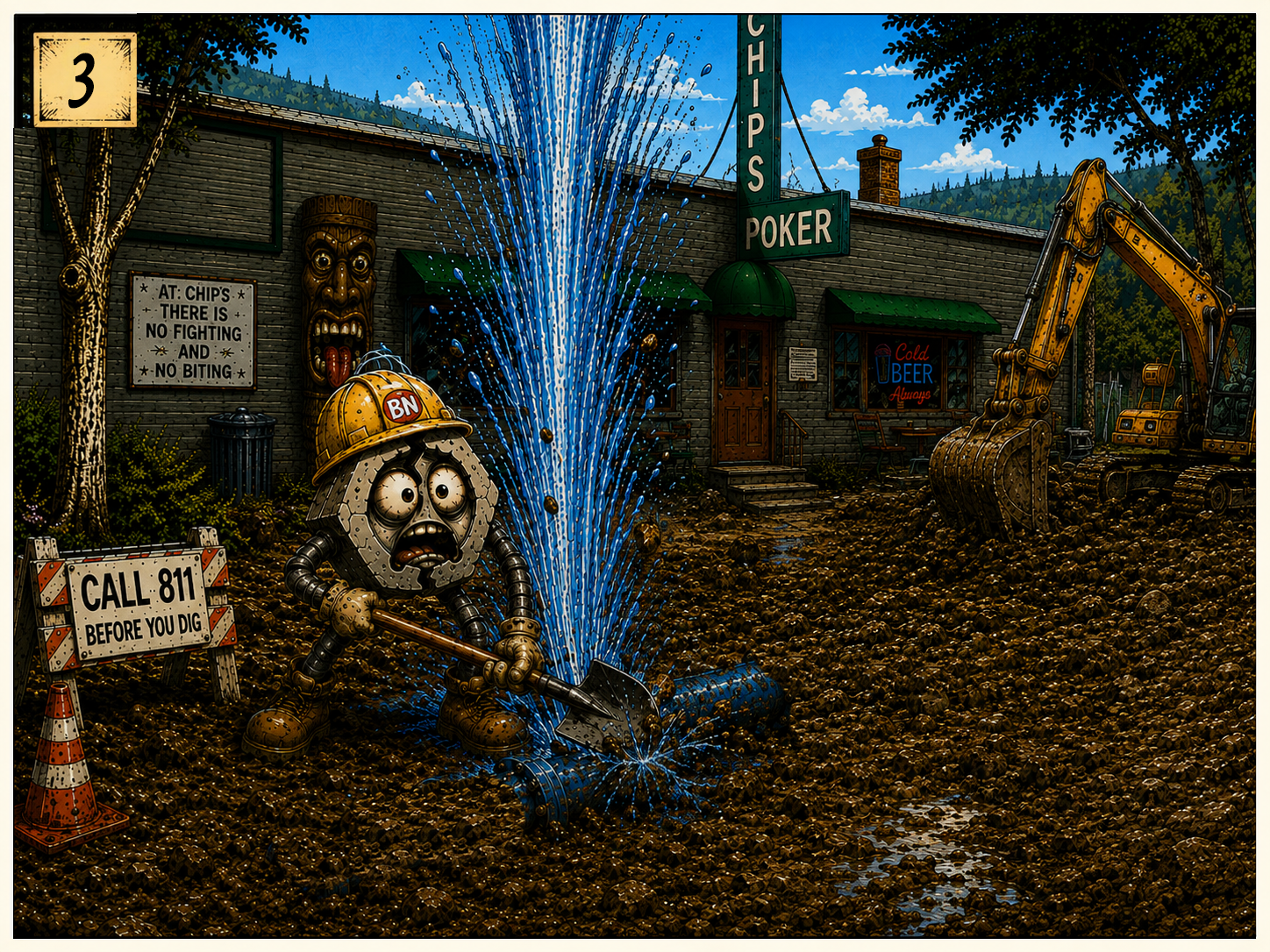 A cartoon-style scene depicting a construction site with a humanoid oyster character wearing a hard hat digging into the ground, causing water to spray up. The background shows a rustic building with signs and a large tiki face, surrounded by trees a