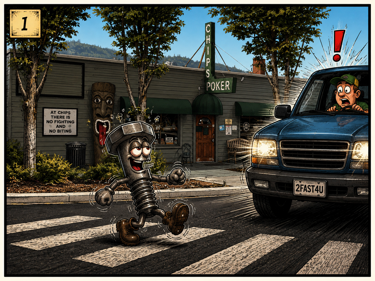 A cartoon scene of a funny, animated wedding ring and screw happily crossing a crosswalk in front of a poker and chips shop, with a man in a vehicle exclaiming in surprise, and humorous sculptures on the shop's exterior.
