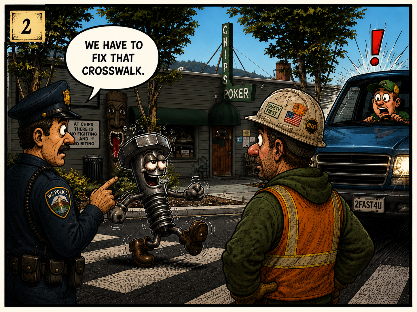 A cartoon scene at a crosswalk with a police officer, a construction worker, and a cheerful extension cord character. The extension cord is pointing and saying, 'We have to fix that crosswalk.' In the background, a man looks surprised from a vehicle 