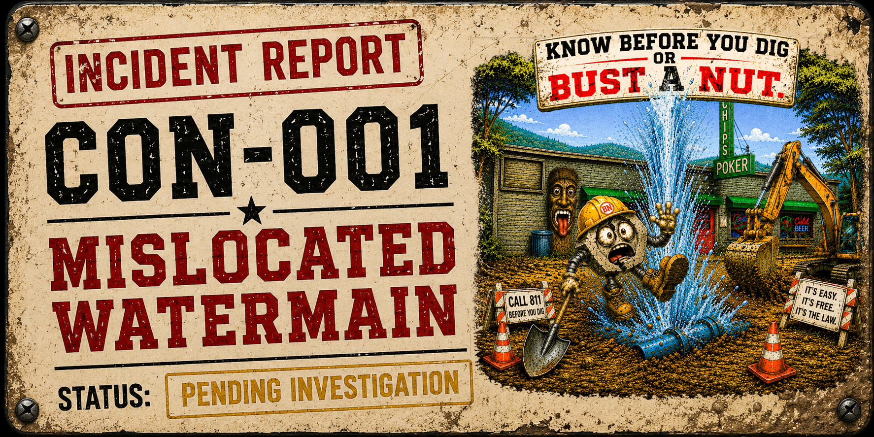 A humorous incident report sign featuring a cartoon waterman with a hard hat falling into a water pipe with a fountain of water. The background includes a small building with a sign that says "Chips Poker," trees, and construction equipment like an excavator. There are signs warning to call 811 before digging and that digging is free and the law. The incident report indicates a water main is mislocated, pending investigation.