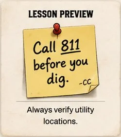 A yellow sticky note pinned with a red thumbtack, with handwritten text warning to call 811 before digging, and a reminder to verify utility locations.