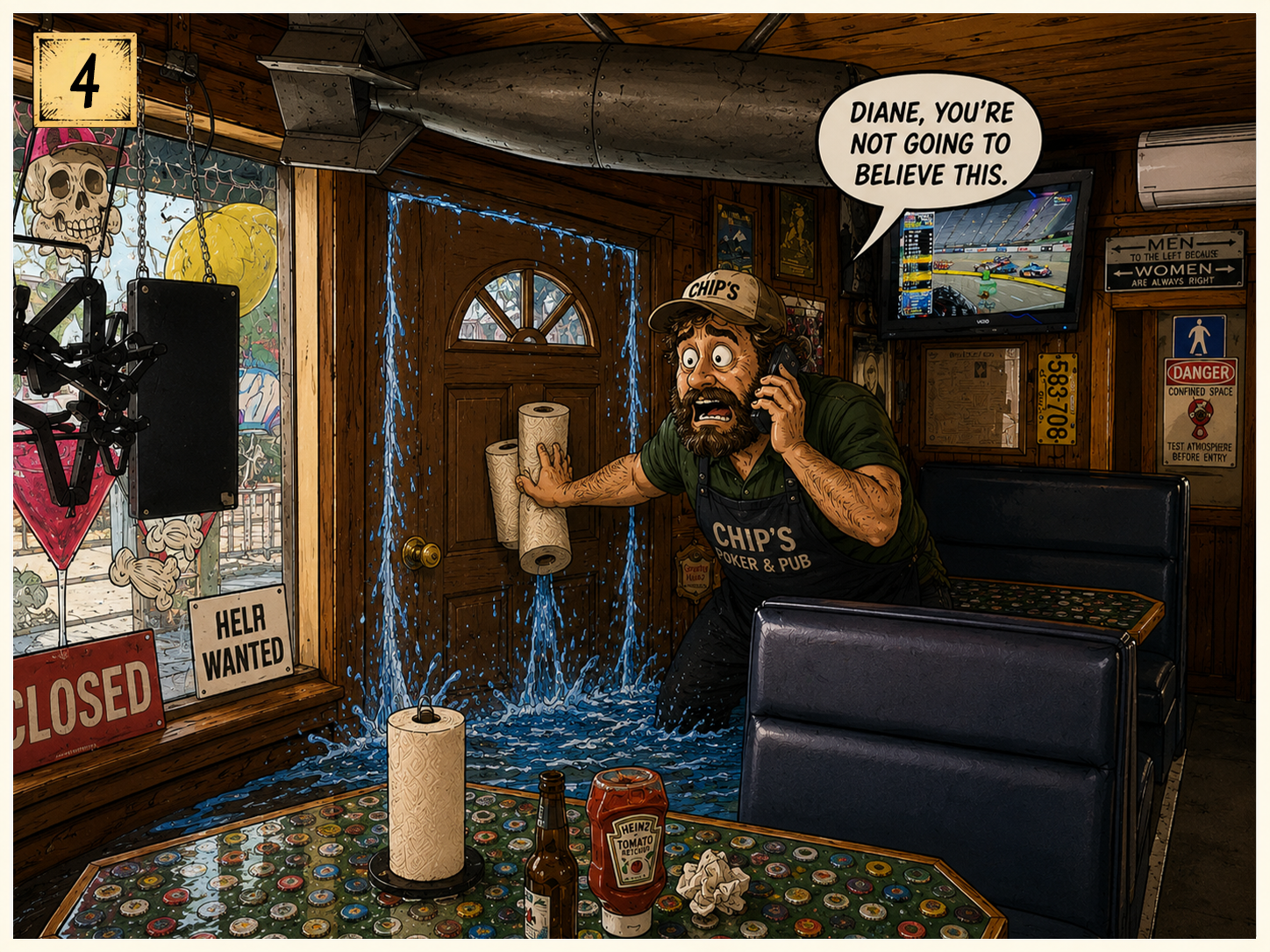 A man with a beard, wearing a Chip's Poker & Pub apron and a cap, is holding a phone to his ear and looking shocked as a flood of water pours in through a damaged door, pouring onto the floor. The scene includes a table with a paper towel roll, a ket
