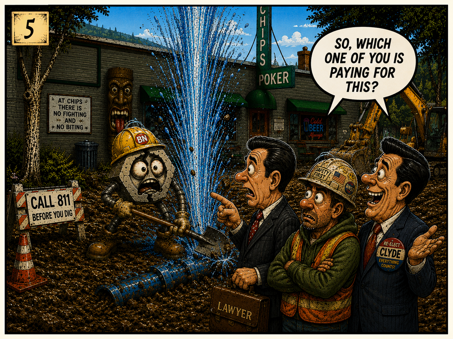 A cartoon scene of a construction worker with a hard hat, a lawyer holding a briefcase labeled "LAWYER," and a man wearing a safety vest, all talking to a robotic chip character digging a hole. The robot has a hard hat with the BN logo and is shoveli