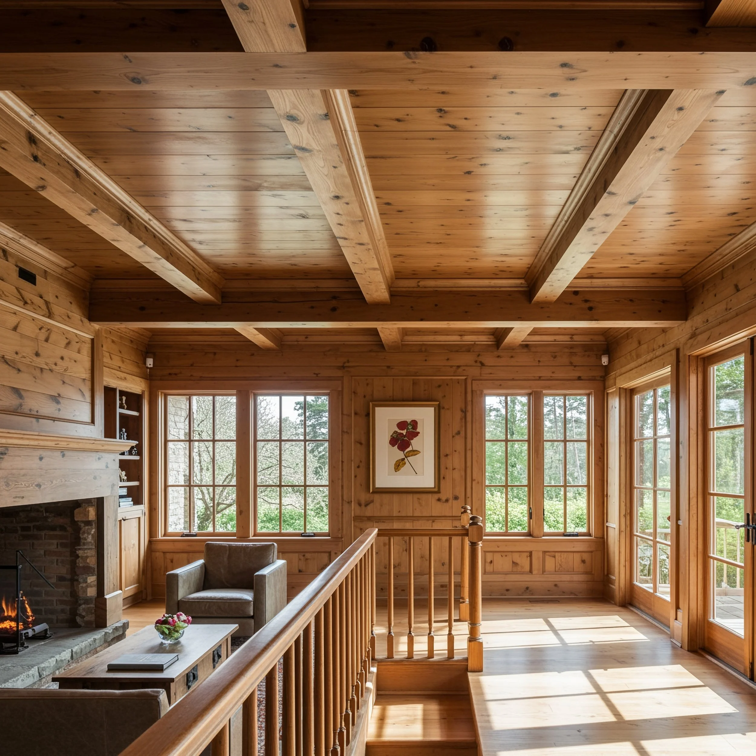 Wooden interior ceiling with exposed beams and large windows letting in natural light, part of a cozy home.