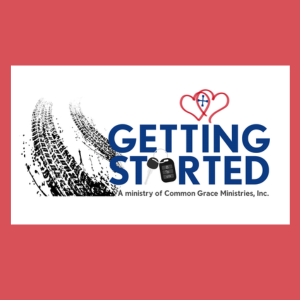 Logo for 'Getting Started,' a ministry of Common Grace Ministries, Inc., featuring a heart and footprints with a shoe and phone icon.