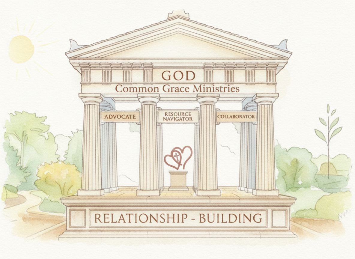 Illustration of a classical Greek-style building labeled "Relationship Building" with two columns and a pediment. The building features an inscription for "GOD," "Common Grace Ministries," and three small signs labeled " Advocate," "Resource Navigator," and "Collaborator." Surrounding the building are trees and a bright sunny sky.