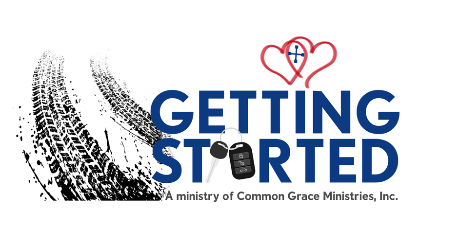Logo with tire tracks, a red heart with a blue indoor cross, a black car key fob, and the text 'Getting Started' with 'A ministry of Common Grace Ministries, Inc.' underneath.
