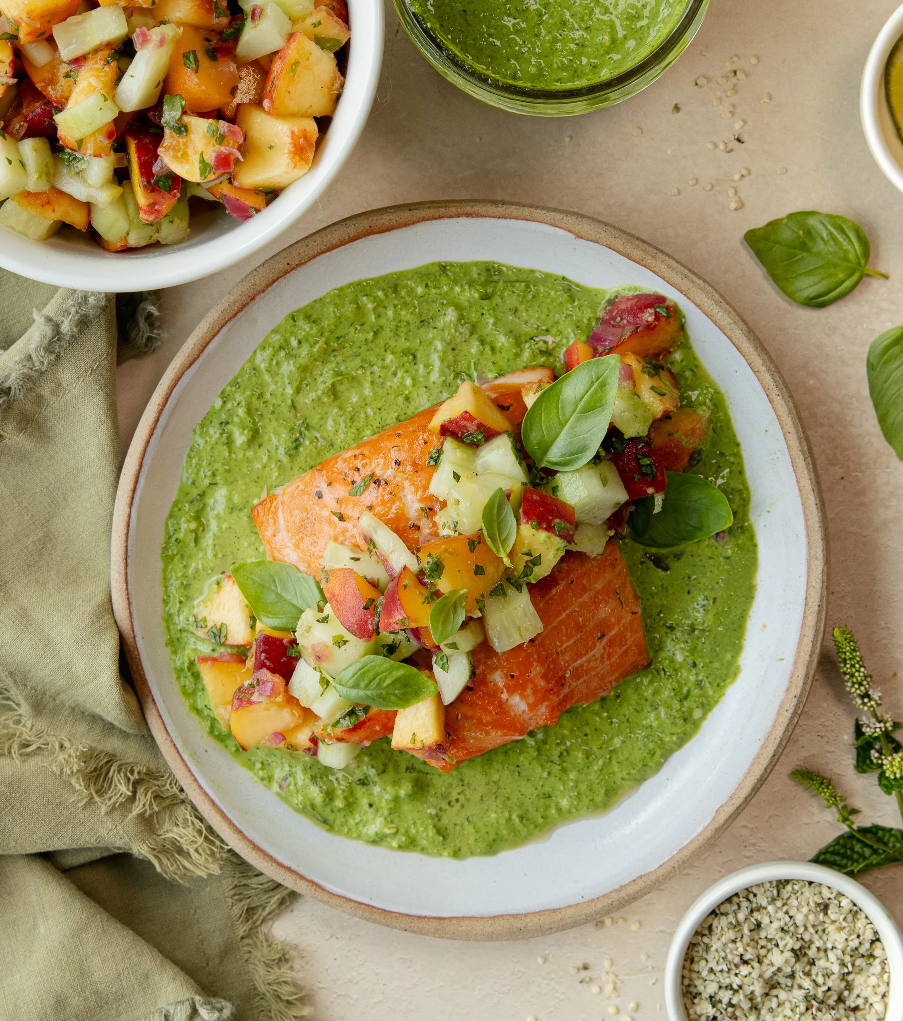 Salmon + Peach Ginger Salsa + Garden Pesto Bowl