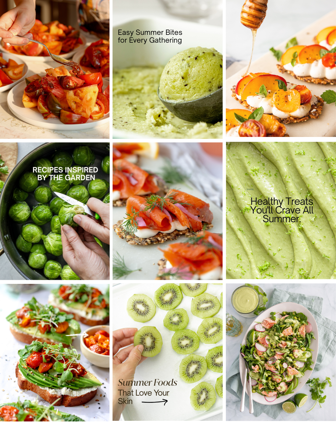 A collage of summer foods including cherry tomato salads, green guacamole, fruit tarts with peaches and berries, Brussels sprouts, smoked salmon appetizers, cucumber slices, sliced kiwi, and a salad with eggs and radishes, with text about summer recipes and healthy treats.