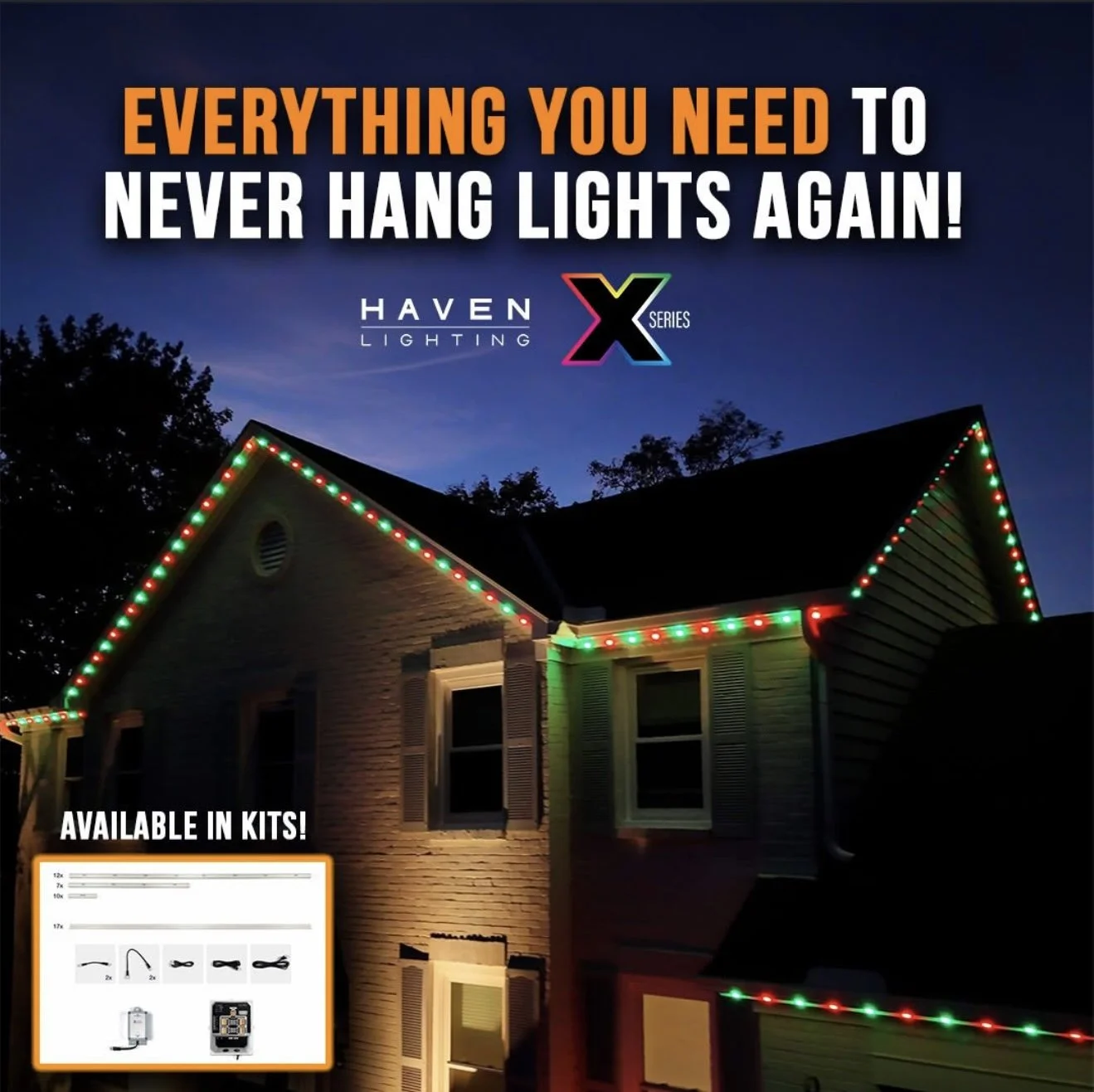 A house decorated with red and green Christmas lights along the roofline. Text overlay reads 'Everything you need to never hang lights again!' and 'Available in kits!' with images of light kits included.