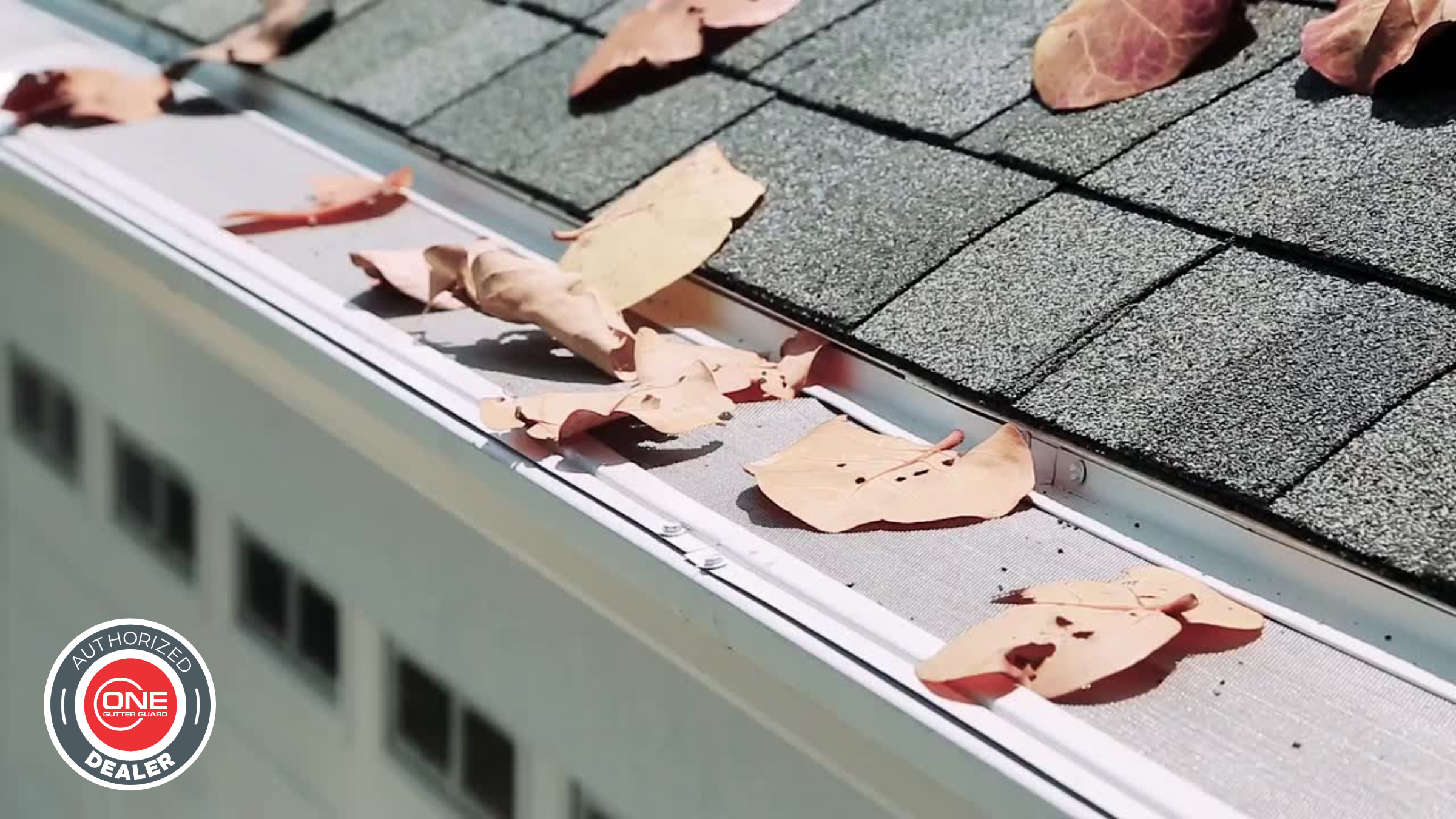 Close-up of a gutter guard on a roof's edge with dry brown leaves on top, preventing leaves from entering the gutter.