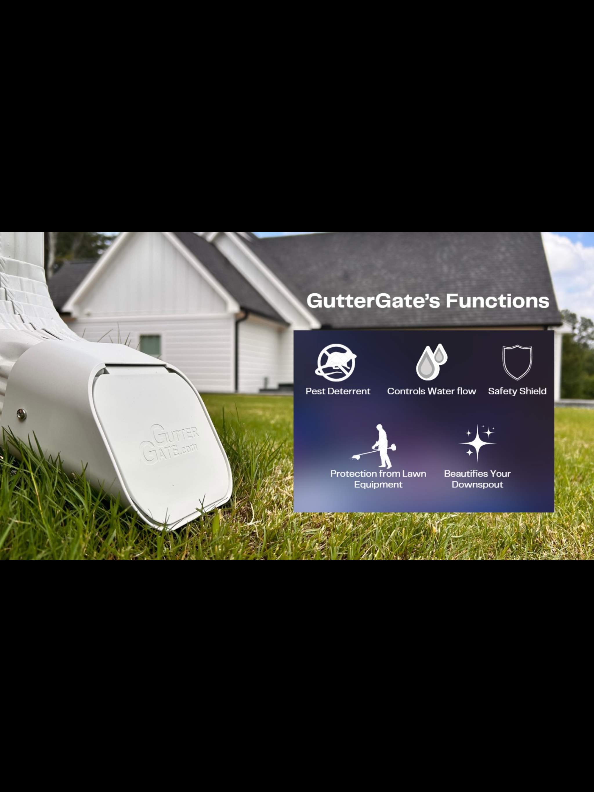 A white gutter gate device on green grass with a white house in the background. A graphic overlay highlights its functions: pest deterrent, controls water flow, safety shield, protection from lawn equipment, beautifies the downspout.