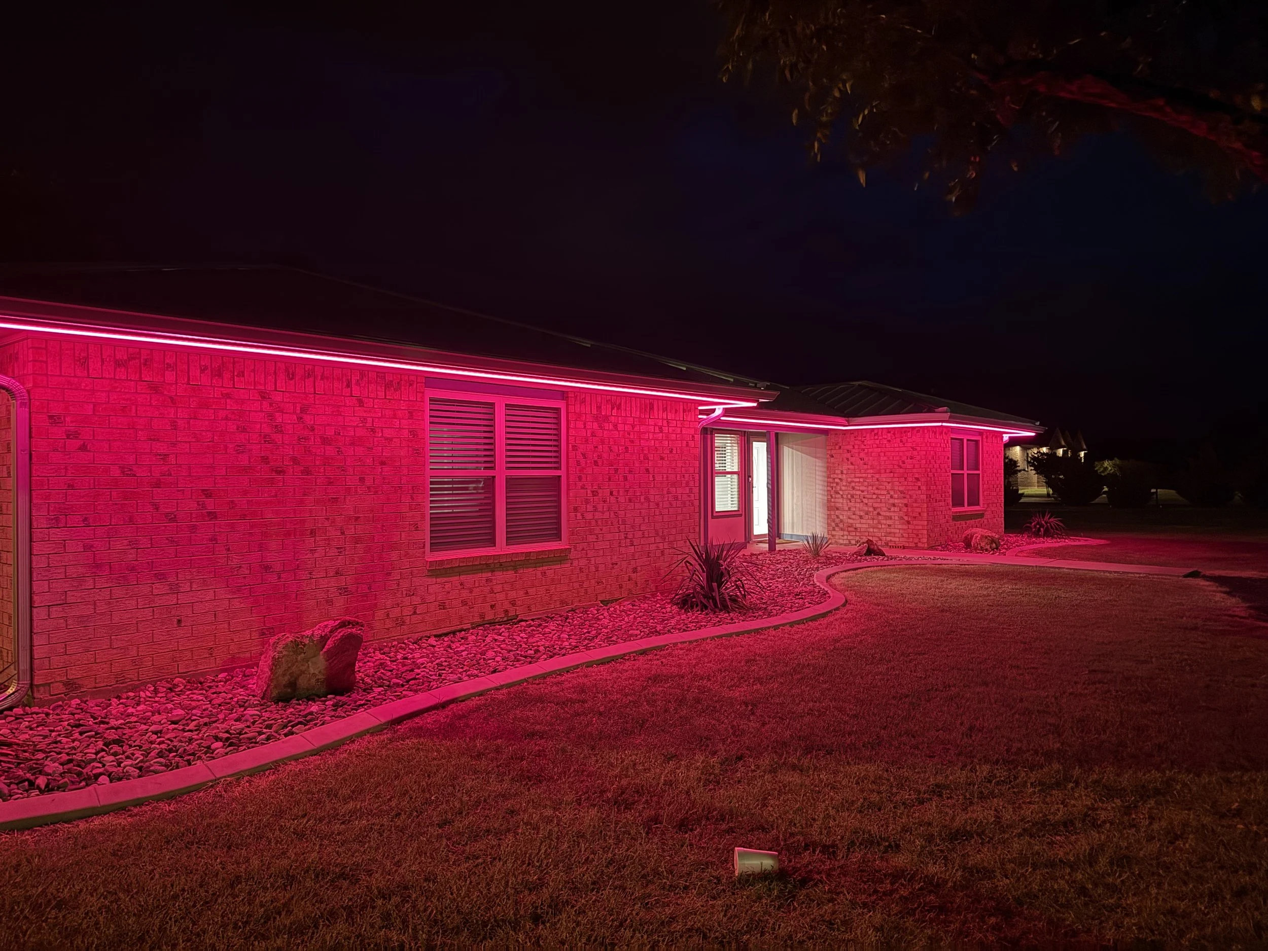 A house illuminated with vibrant pink neon lights outlining the roof and windows at night. The house is made of brick, with a well-maintained lawn and a flower bed near the front. A tree is visible in the background against a dark sky.