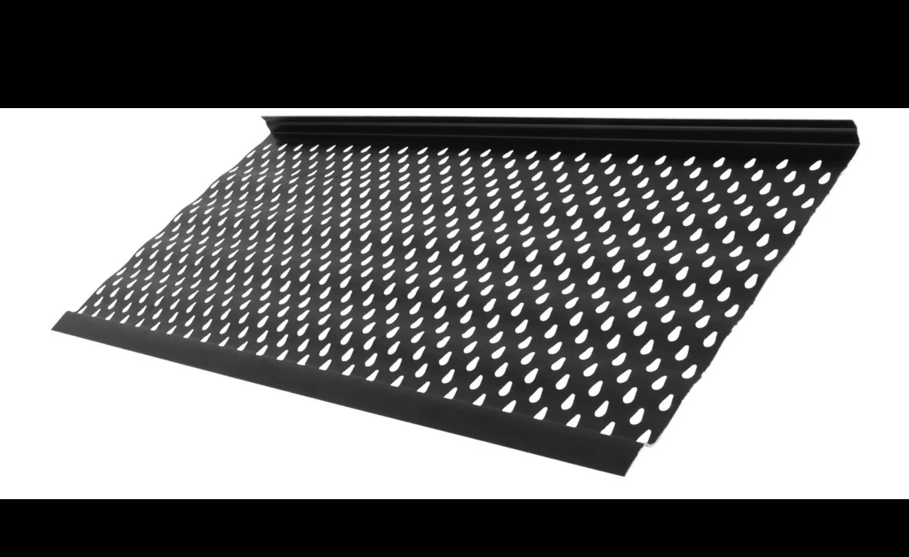 Black metal sheet with multiple evenly spaced teardrop-shaped holes, angling upward.